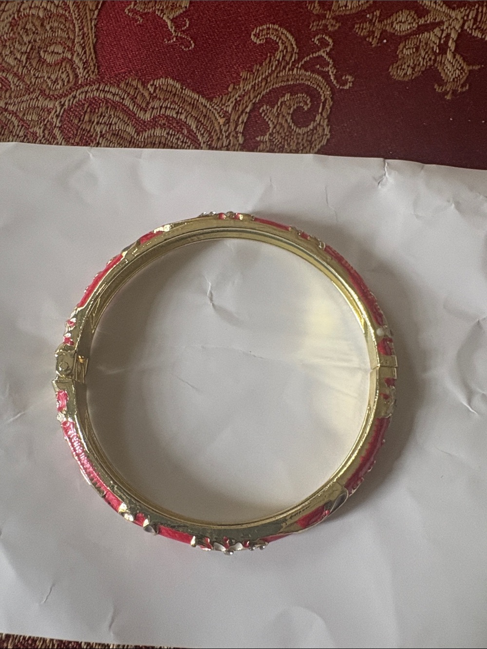 Gold-Tone Hinged Bangle Bracelet with Pink Enamel